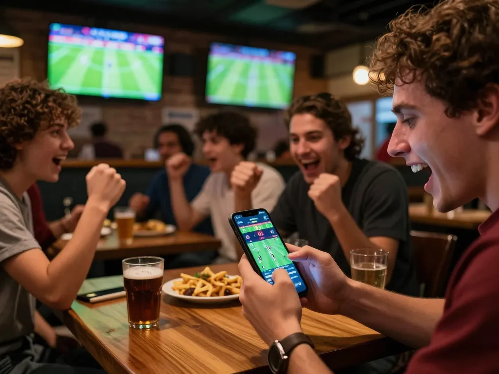 Engaged soccerbetting fan placing bets on smartphone amidst lively sports bar atmosphere