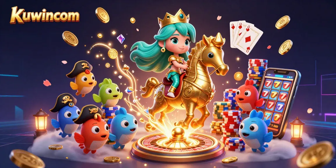 Kuwincom features a vibrant 3D mermaid riding a seahorse amid colorful casino elements.
