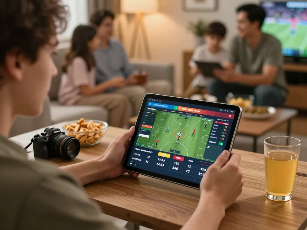 Engaging in live sports betting at home with GA888 on a tablet, showcasing match odds and excitement.