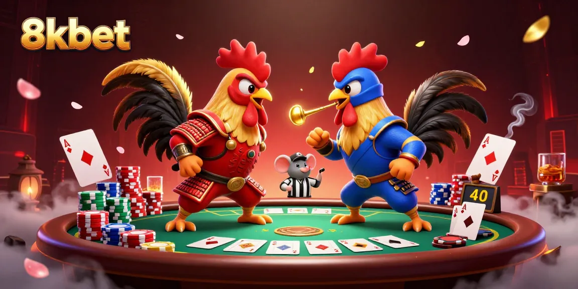 Engage with thrilling poker action featuring 8xbet in a dynamic cartoon standoff between roosters.
