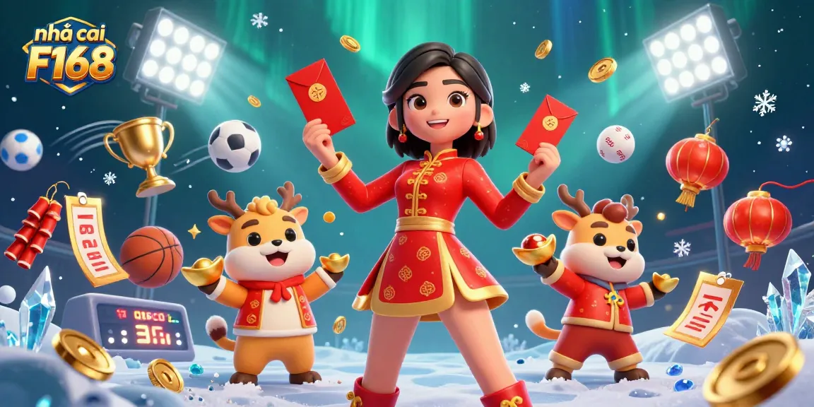 Engage with the vibrant world of nhà cái F168, featuring dynamic sports elements and festive characters in a detailed 3D illustration.