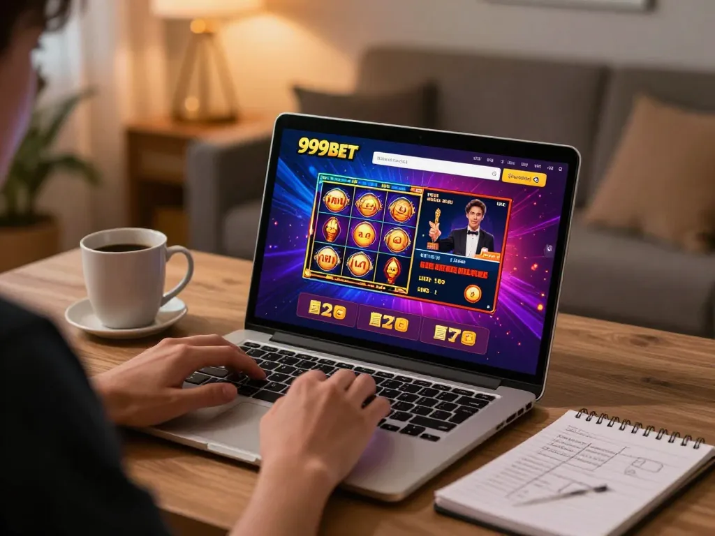 Engaging gameplay on 999bet platform from a cozy home setup, highlighting vibrant online casino experience.