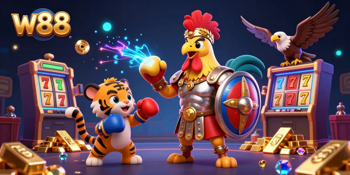w88 showcases thrilling slot action with gladiator and gold treasures in vibrant casino arena