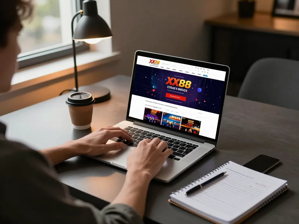 Player engaging with the XX88 online casino platform on a laptop, highlighting a responsible gaming attitude and strategic betting.