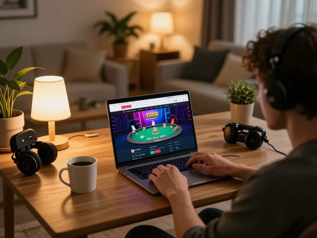 Player enjoying online casino gaming on 888NEW platform in a cozy home office setting