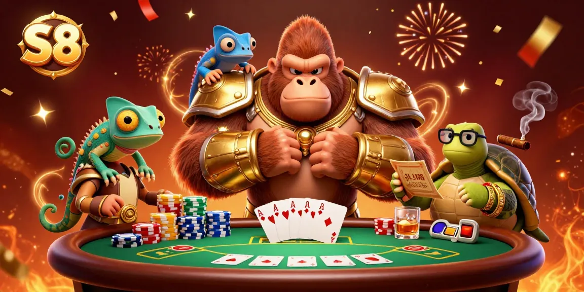 S8 gaming action with vibrant characters at a poker table, showcasing high-stakes excitement.