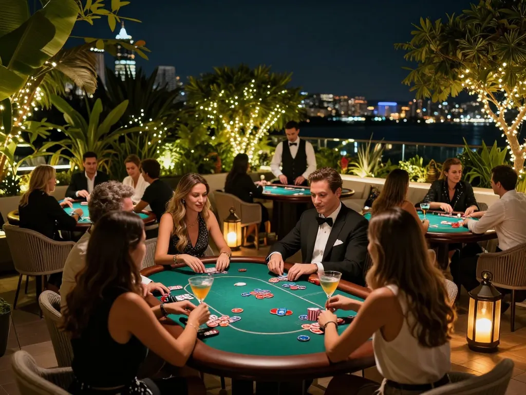 Engaging poker strategy gameplay at MM88's resort terrace under twinkling lights.