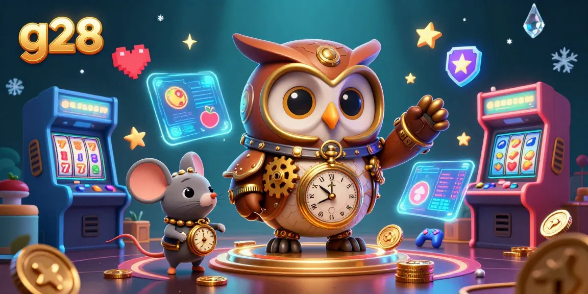 Engage in g28 casino adventures with a steampunk owl, vibrant slot reels, and colorful arcade elements.