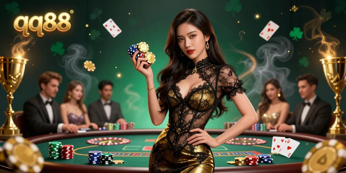 Engage with qq88's high-stakes excitement at a lavish casino, featuring dynamic game elements.