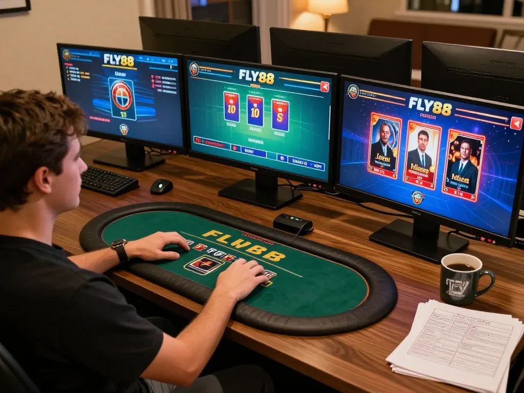 Engage in FLY88's online gaming with a vibrant setup showing live dealer action.