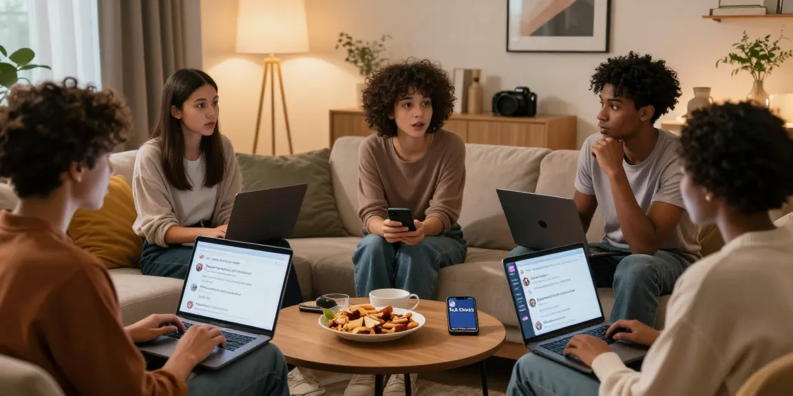 Engaged young adults discussing innovative sex chat AI in a cozy living room setting, showcasing contemporary digital communication.