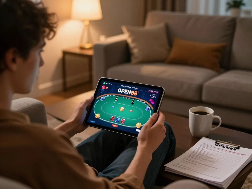 Person enjoying poker on OPEN88 app in a cozy living room setting showcasing responsible gaming.