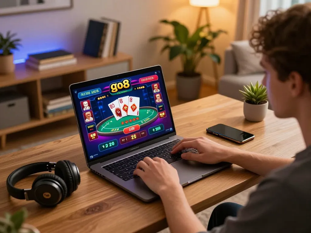 Player engaging in exciting go8 online casino game on laptop, illustrating strategic play.