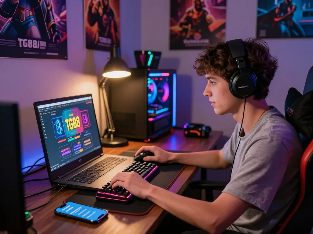Engaging scene of TG88 đăng nhập on a laptop showing a user immersed in online gaming, complete with gaming peripherals and vibrant atmosphere.