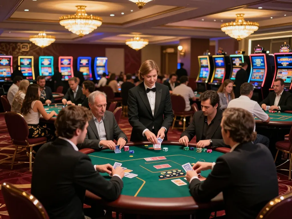Players enjoying poker at the fly888x casino, showing excitement in gameplay and dealer actions in elegant surroundings.