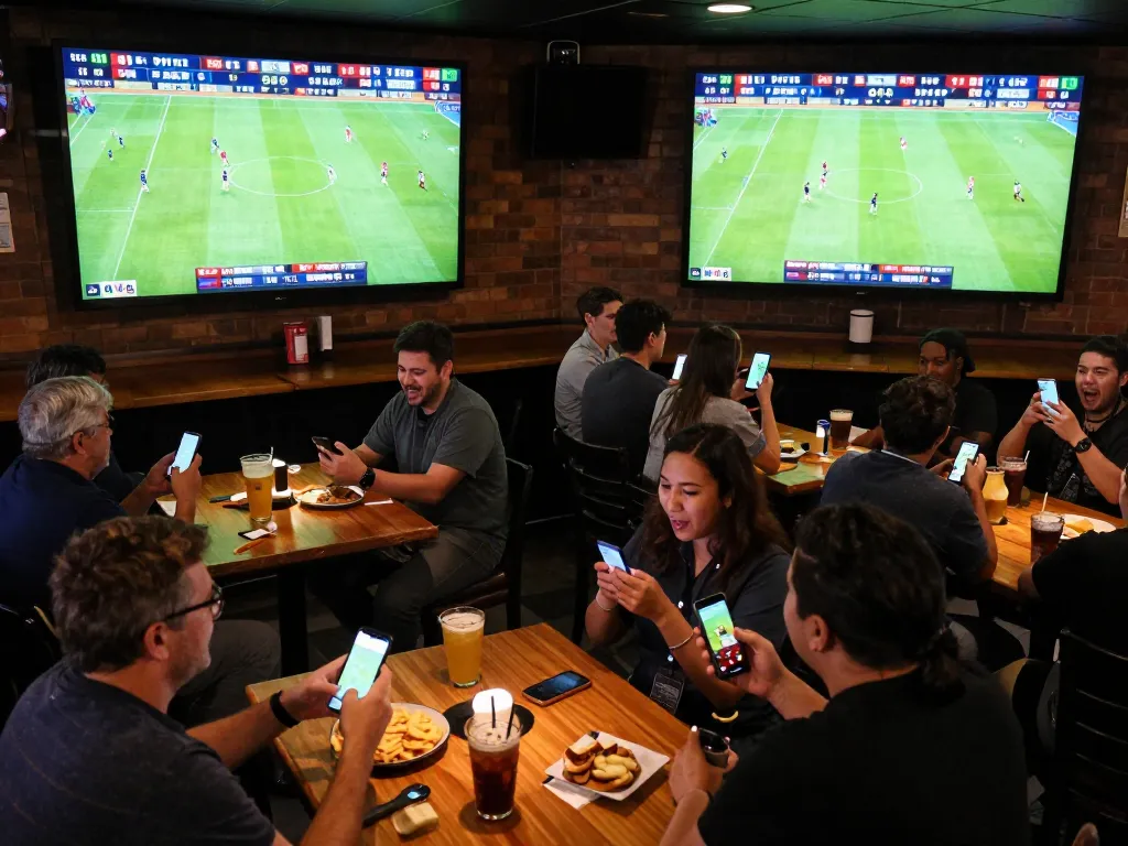 Excited patrons engaging in sports betting on footballresults at a lively sports bar.