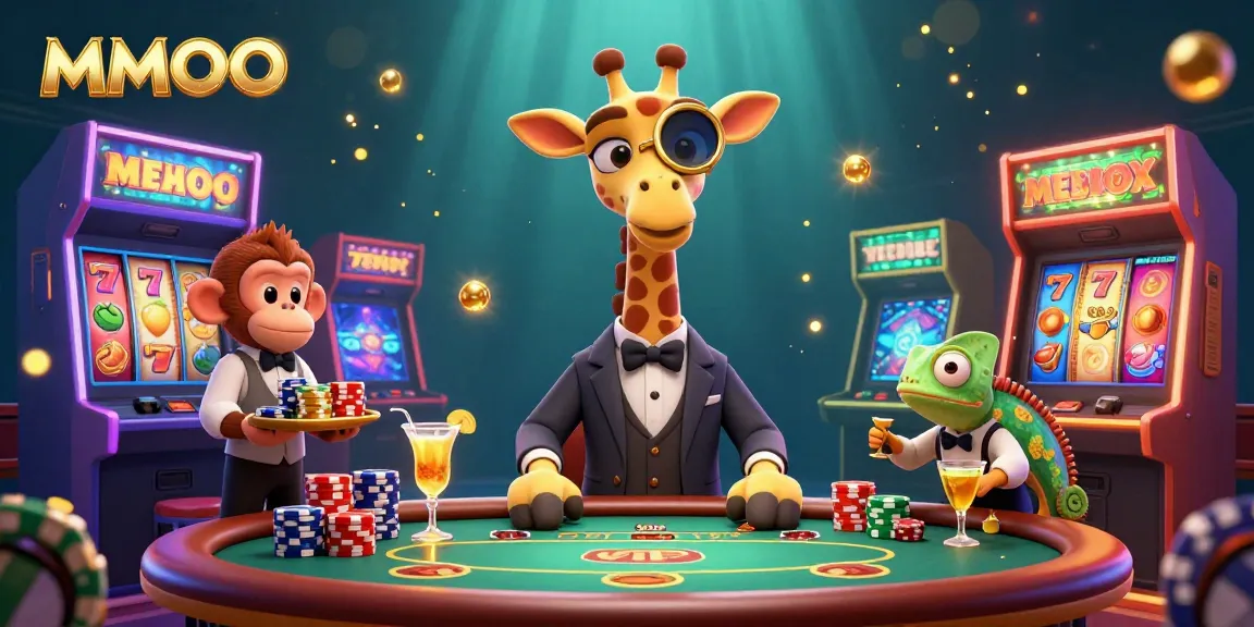 Experience MMOO's vibrant casino scene with a high-roller giraffe and dynamic jackpot elements.