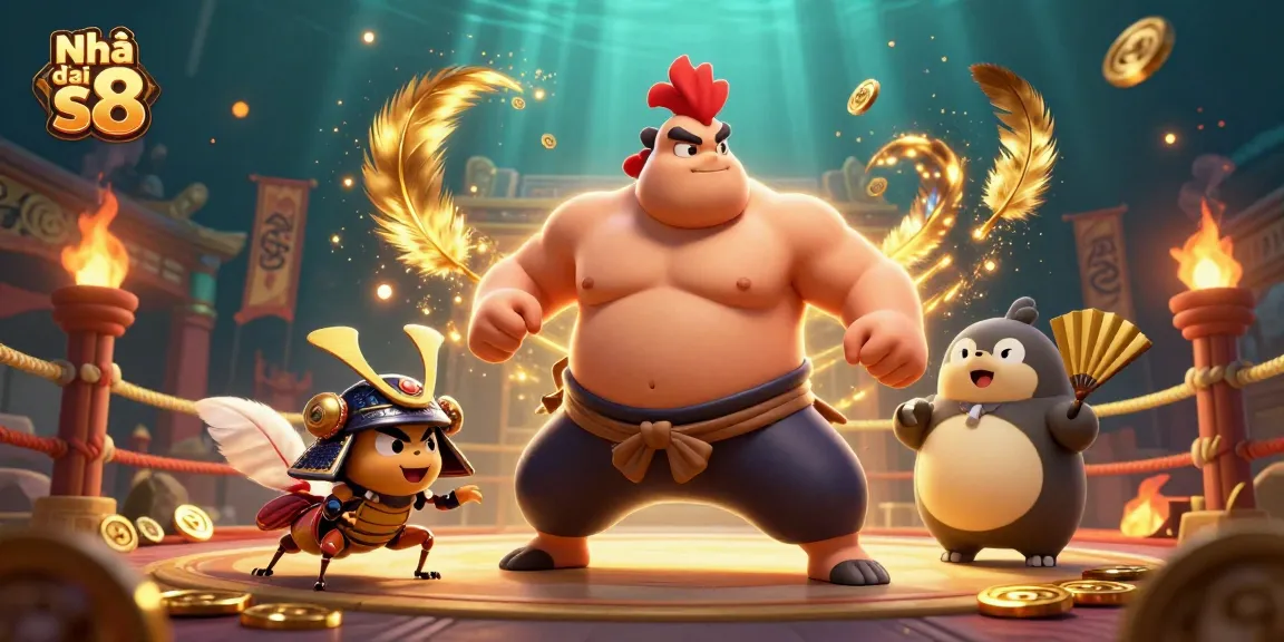 Nhà cái s8 showcases a dynamic sumo rooster and samurai cricket duel in an epic casino arena.