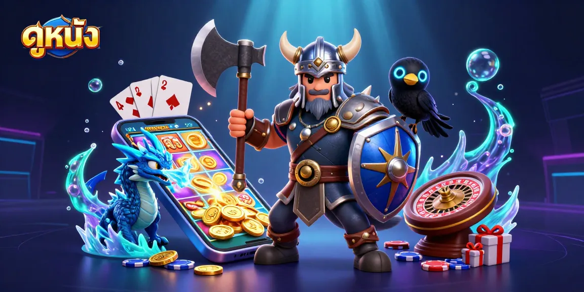 Spin slots and enjoy ดูหนัง with captivating illustrations of a Viking wolf warrior and dragon in a vibrant casino scene.