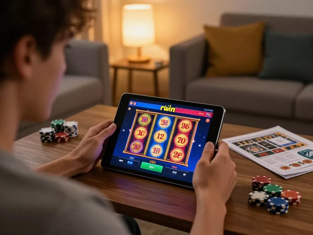 Engaging moment of online gambling at rwin com with dynamic game display and cozy atmosphere.