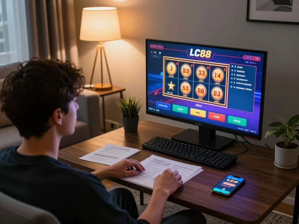Playing casino games on an LC88 app in a cozy living room setup.