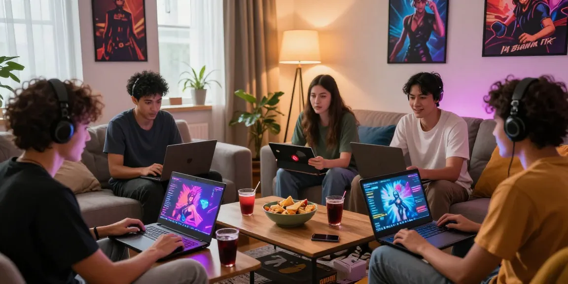 Enjoying hentai games html in a cozy living room with friends, colorful interactive gaming setup.