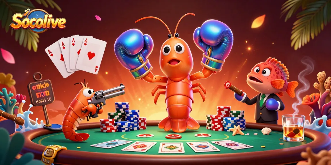Socolive showcases an electrifying cartoon scene with vibrant shrimp characters and poker elements, enhancing the gambling excitement.