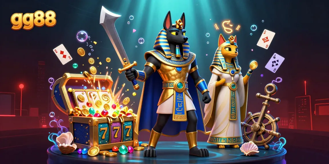 Experience exciting gameplay at gg88 with a unique 3D scene featuring Anubis and Bastet amidst slot reels.