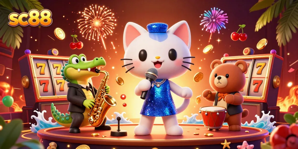 Engage in thrilling gameplay at sc88, where characters perform on a vibrant casino stage filled with slots and fireworks.