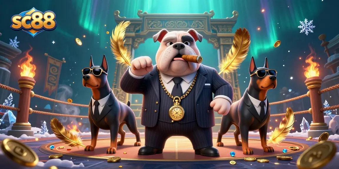 Win big at sc88 with a dynamic illustration of a mafia boss surrounded by luxury casino elements.