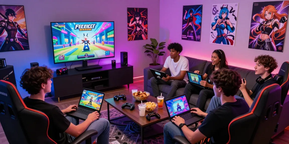 Group of friends enjoying free ecchi games in a colorful gaming lounge with snacks and devices.