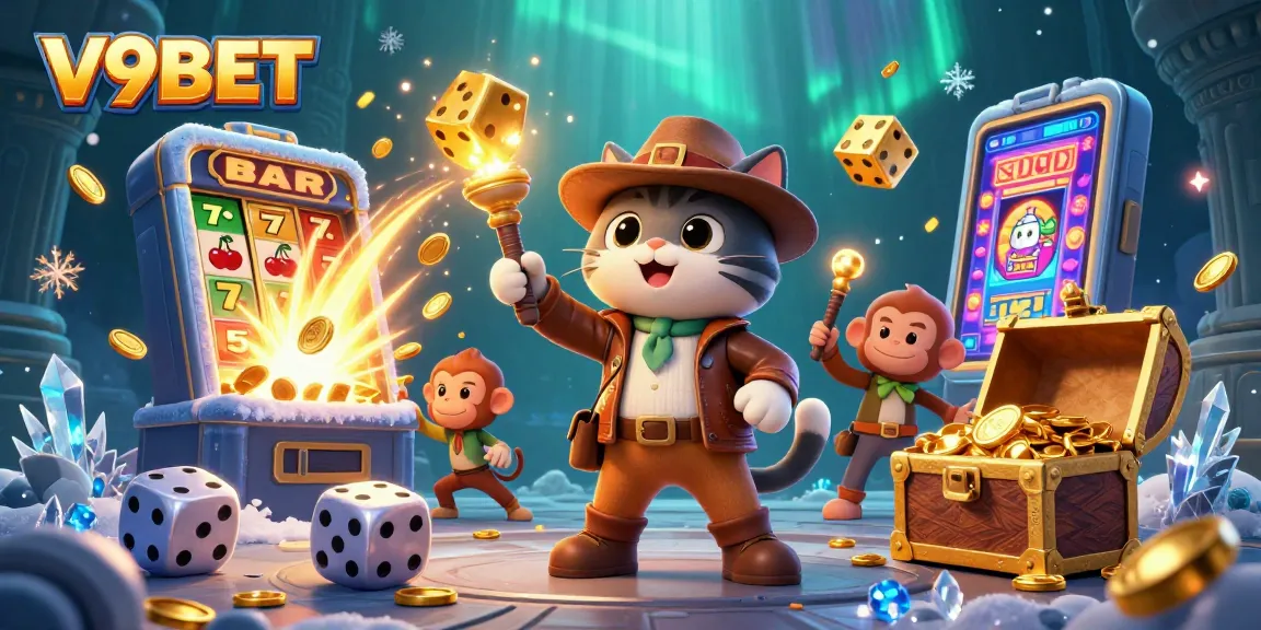 Experience the thrill of V9BET's casino adventures with vibrant slot machines and lively game characters.